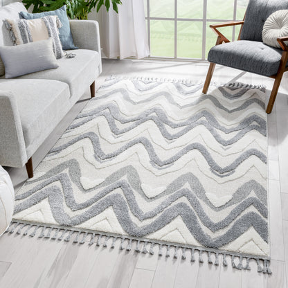 Raelynn Contemporary Chevron Zig-Zag Patter Cream Grey High-Low Textured Rug