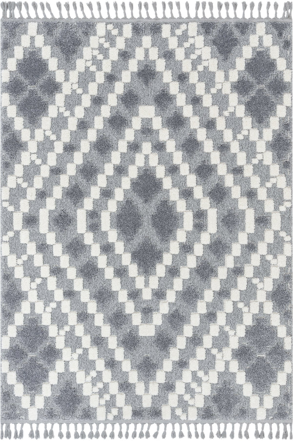 Melanie Contemporary Medallion Diamond Pattern Grey Cream High-Low Textured Rug