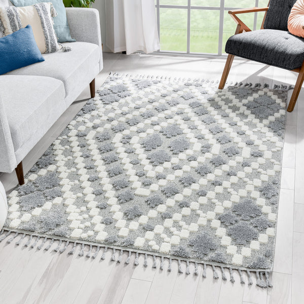 Melanie Contemporary Medallion Diamond Pattern Grey Cream High-Low Textured Rug