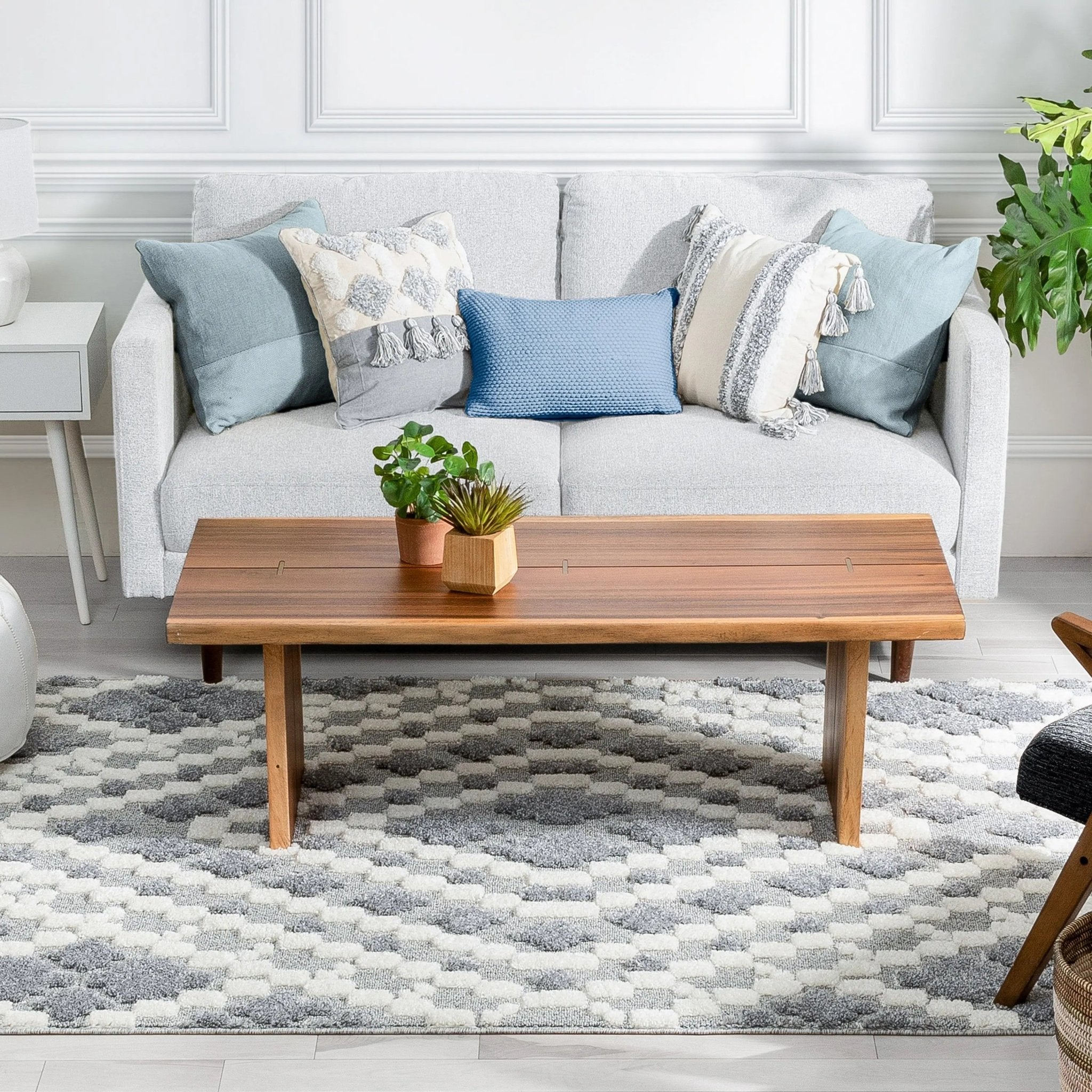 Melanie Contemporary Medallion Diamond Pattern Grey Cream High-Low Textured Rug Well Woven