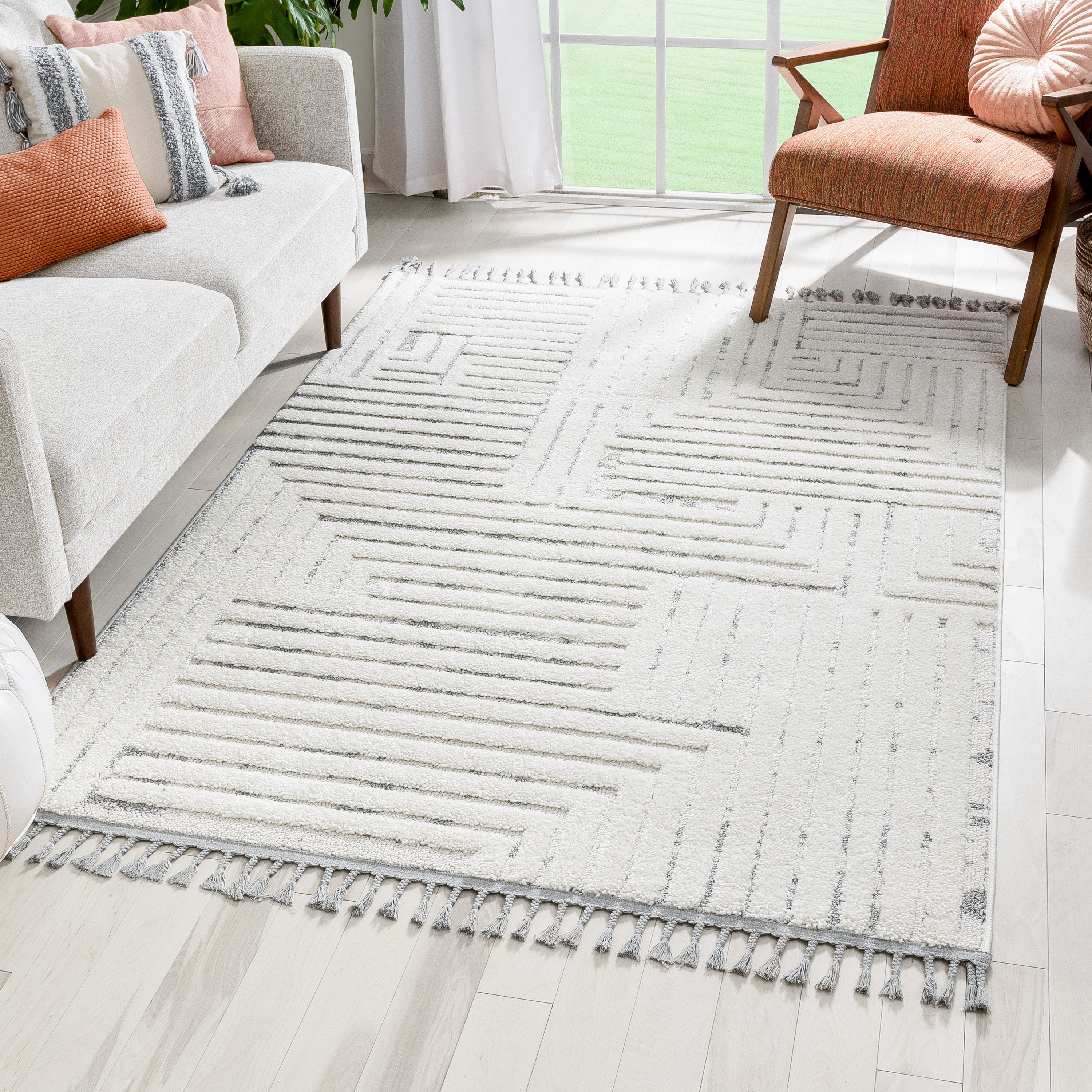 Gianna Modern Geometric Stripes Cream Grey High-Low Textured Rug