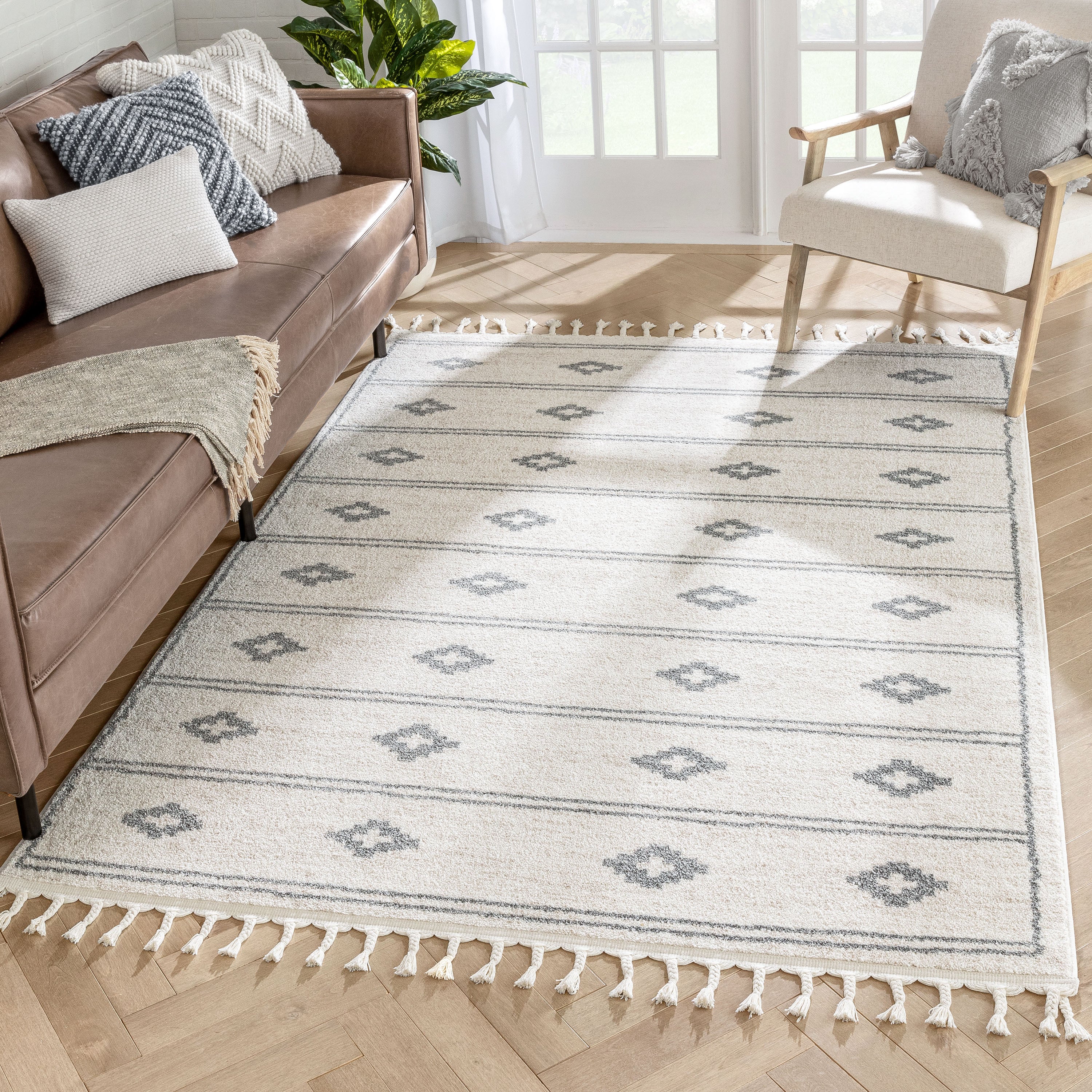 Parallel Moroccan Tribal Diamond Pattern Ivory Grey Rug