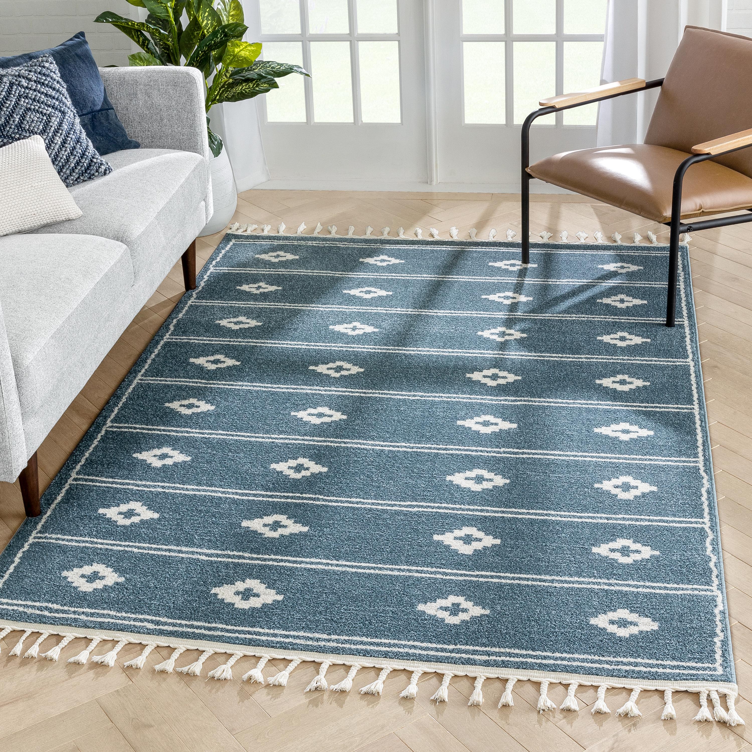 Parallel Moroccan Tribal Diamond Pattern Blue Rug