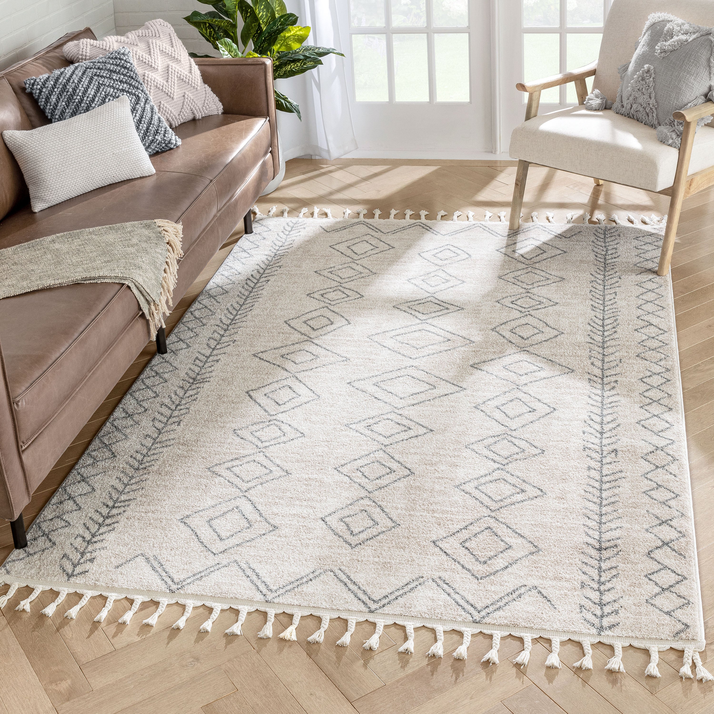 Current Moroccan Tribal Diamond Pattern Ivory Grey Rug