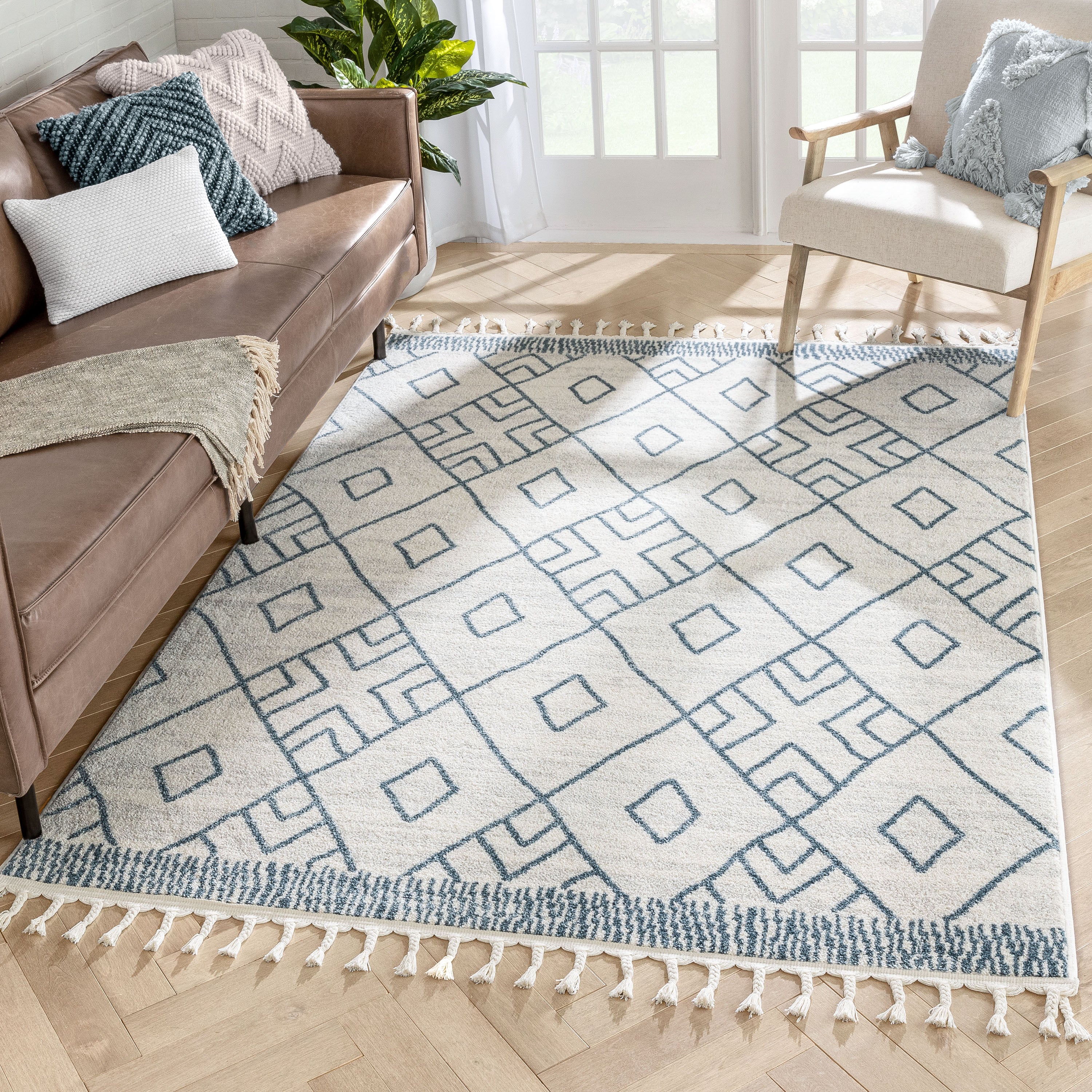 Diodelly Moroccan Lattice Trellis Blue Ivory Rug