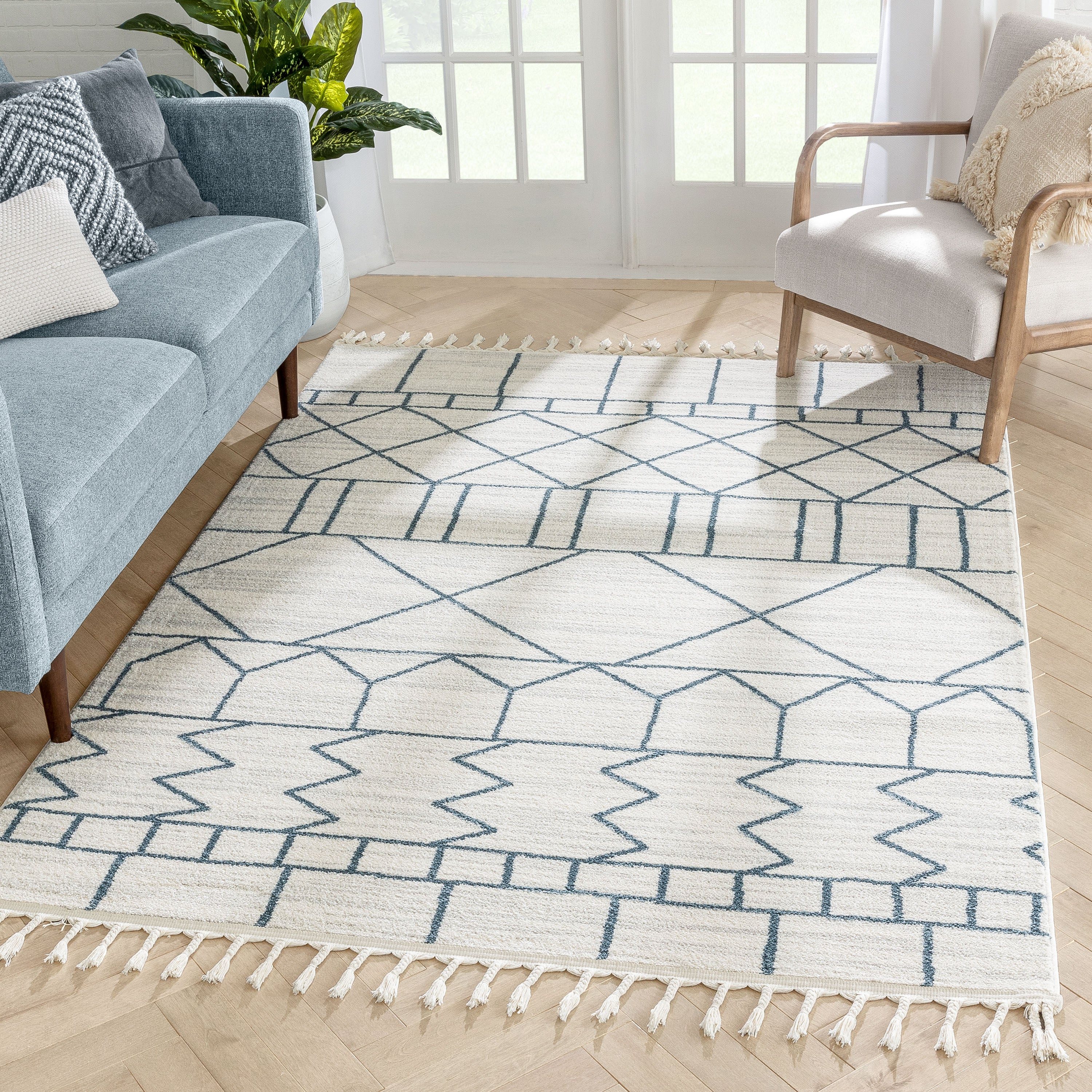 Schematica Nordic Tribal Geometric Pattern Ivory Blue Rug