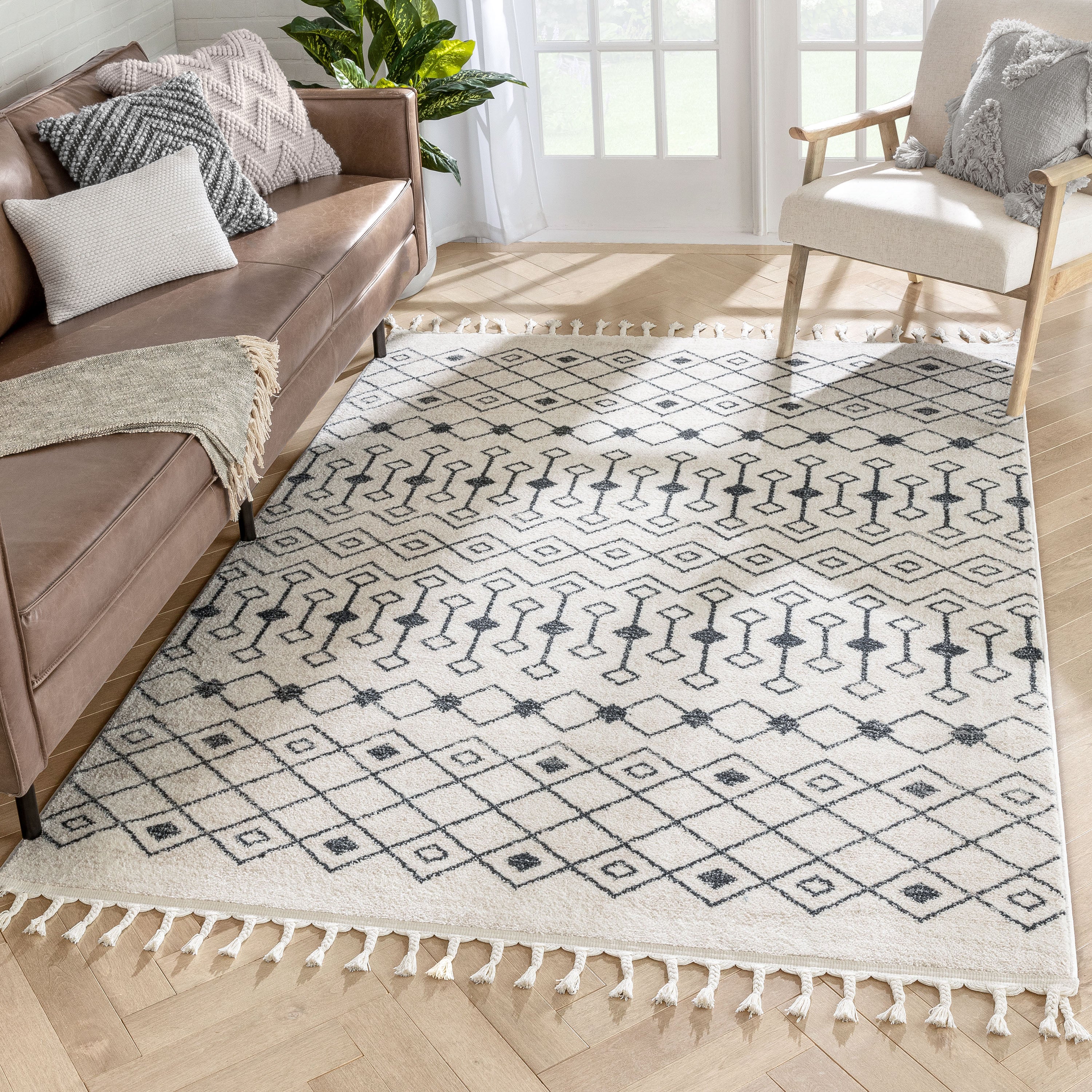 Transistora Nordic Tribal Trellis Pattern Charcoal Ivory Rug