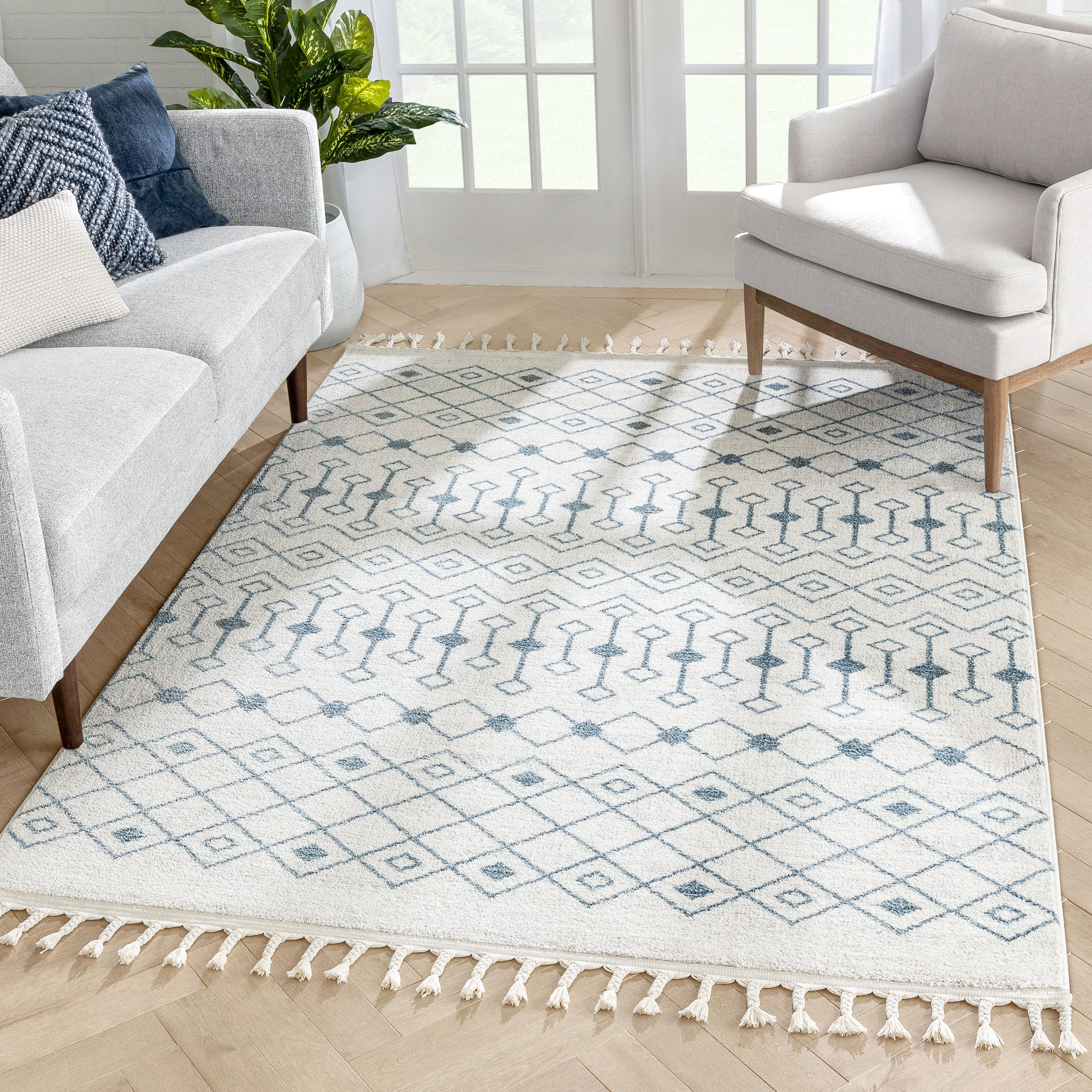 Transistora Nordic Tribal Trellis Pattern Light Blue Ivory Rug