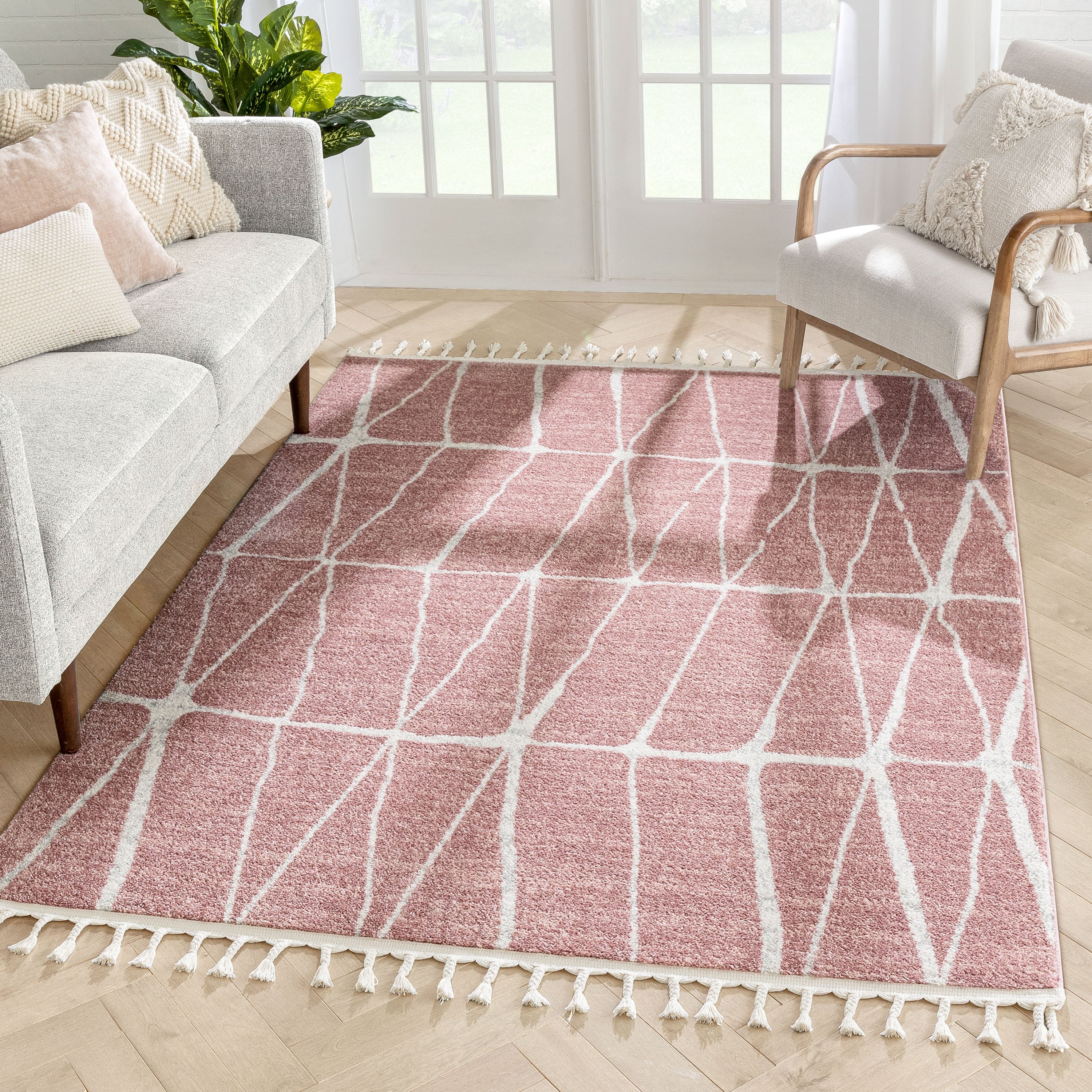 Crisscross Nordic Geometric Pattern Blush Ivory Rug