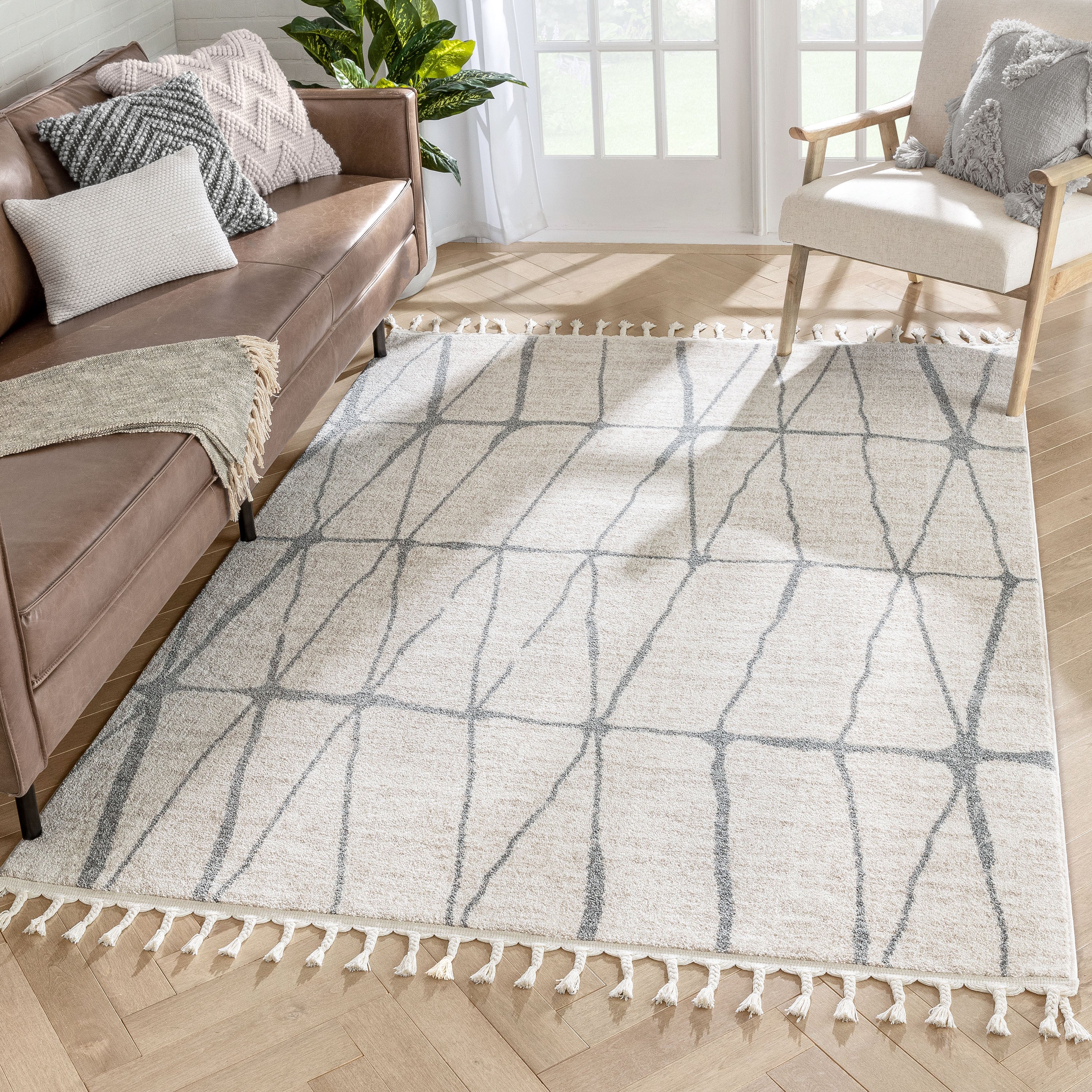 Crisscross Nordic Geometric Pattern Ivory Rug