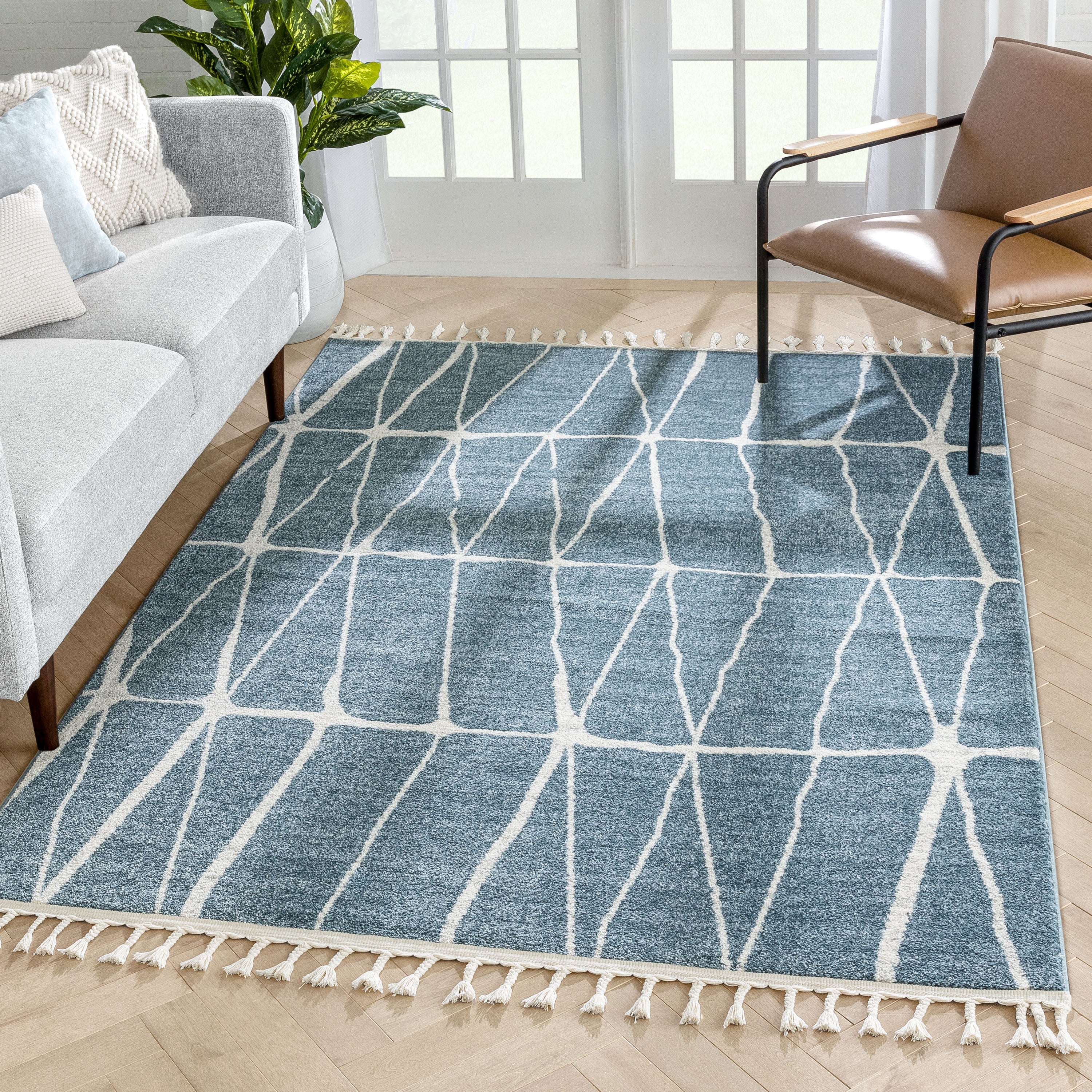 Crisscross Nordic Geometric Pattern Blue Rug