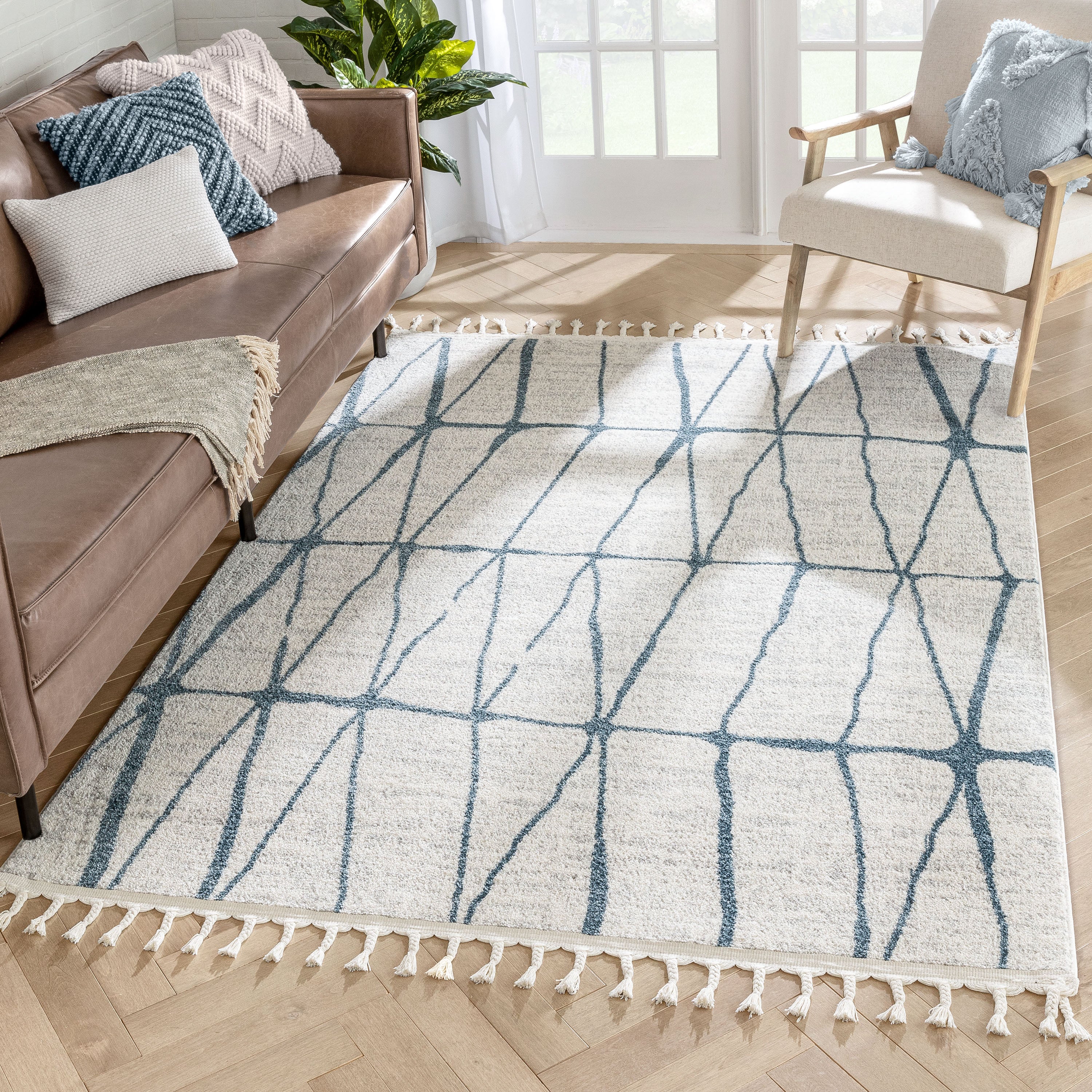 Crisscross Nordic Geometric Pattern Blue Ivory Rug