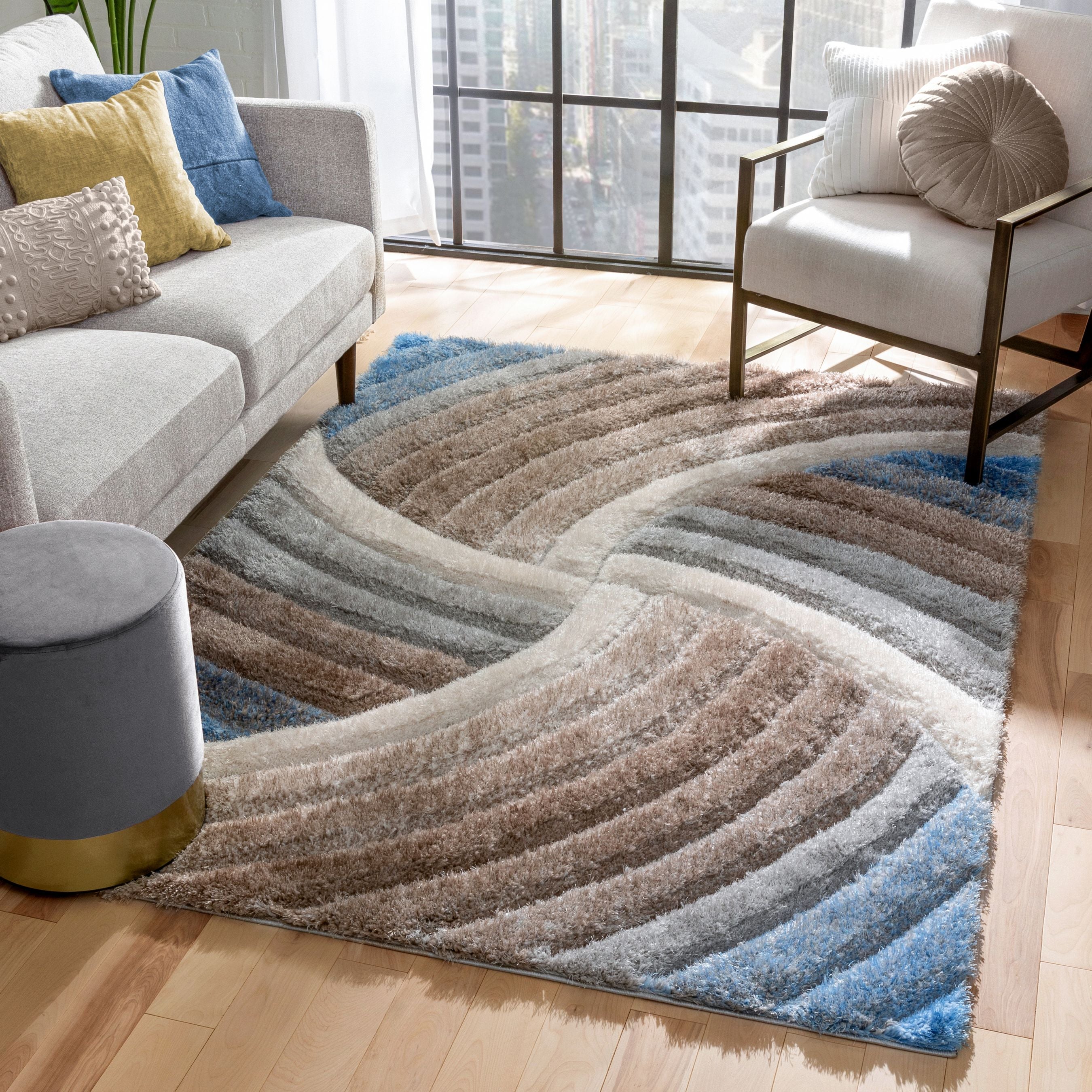 Ucci  Modern Modern Geometric Shag Beige  3D Textured Thick & Soft Shag Rug