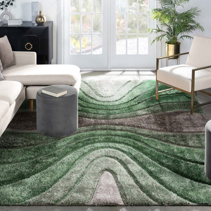 Luz Modern Geometric Green 3D Textured Thick & Soft Shag Rug