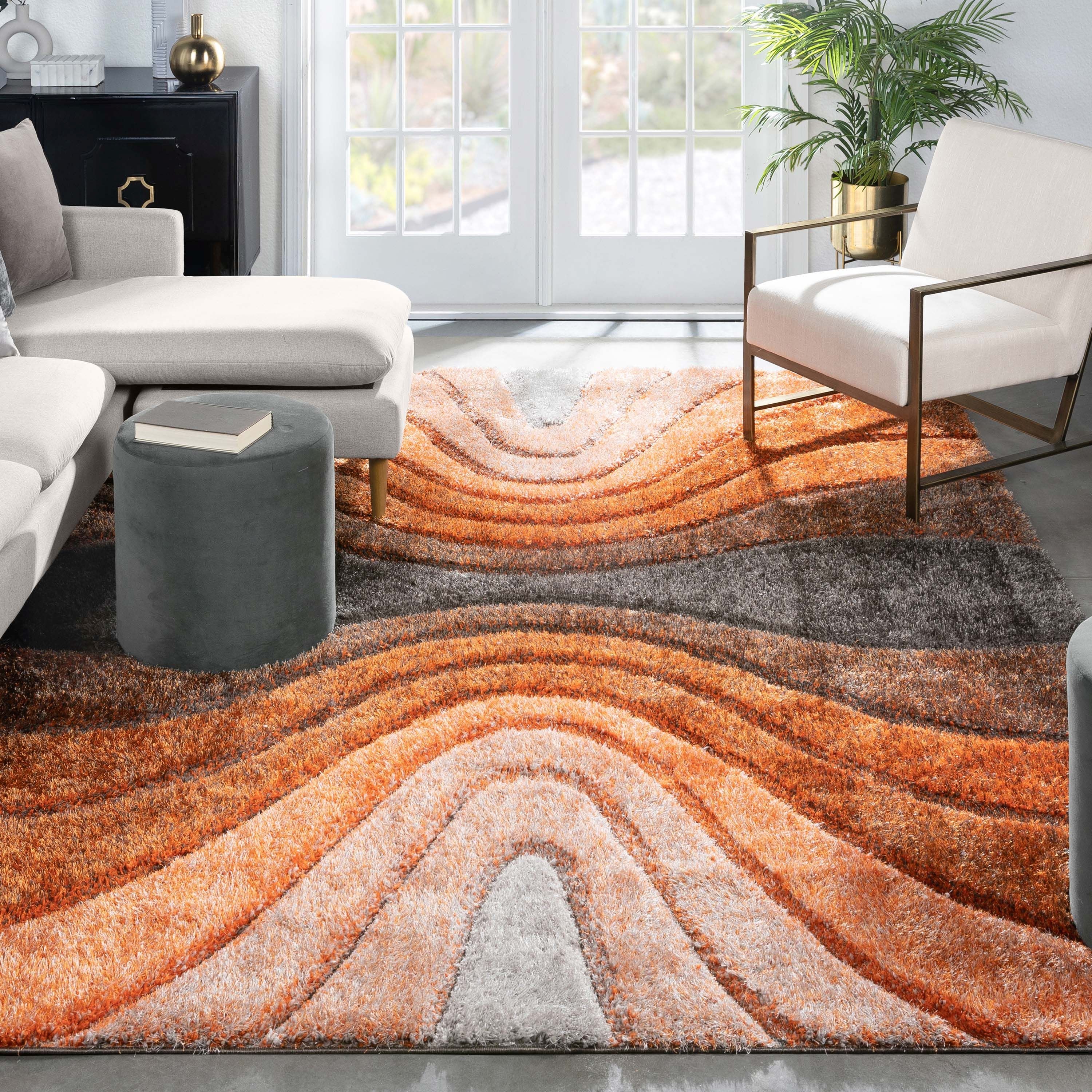 Luz Modern Geometric Grey Orange 3D Textured Thick & Soft Shag Rug