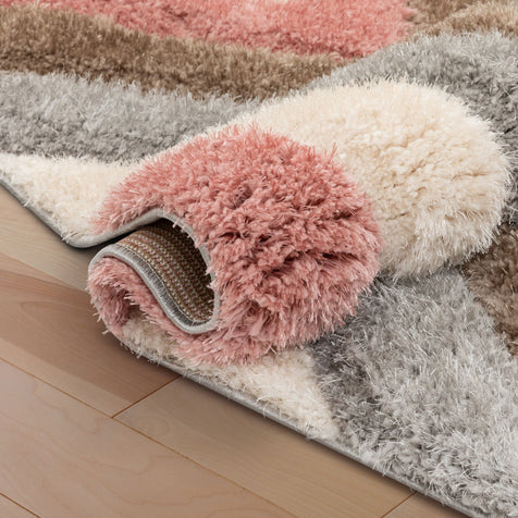 Malibu Modern Ogee Pattern Geometric Shag Brown Blush 3D Textured Thick & Soft Shag Rug