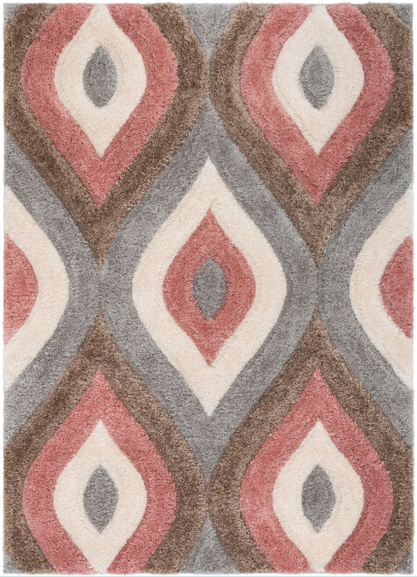 Malibu Modern Ogee Pattern Geometric Shag Brown Blush 3D Textured Thick & Soft Shag Rug