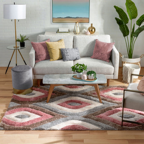 Malibu Modern Ogee Pattern Geometric Shag Brown Blush 3D Textured Thick & Soft Shag Rug