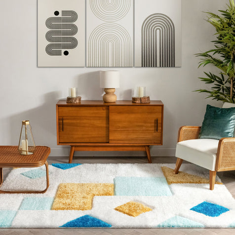 Teahupo Blue Modern Geometric 3D Textured Shag Rug
