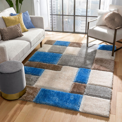 Escondido  Modern Geometric Boxes Shag Light Blue 3D Textured Thick & Soft Shag Rug