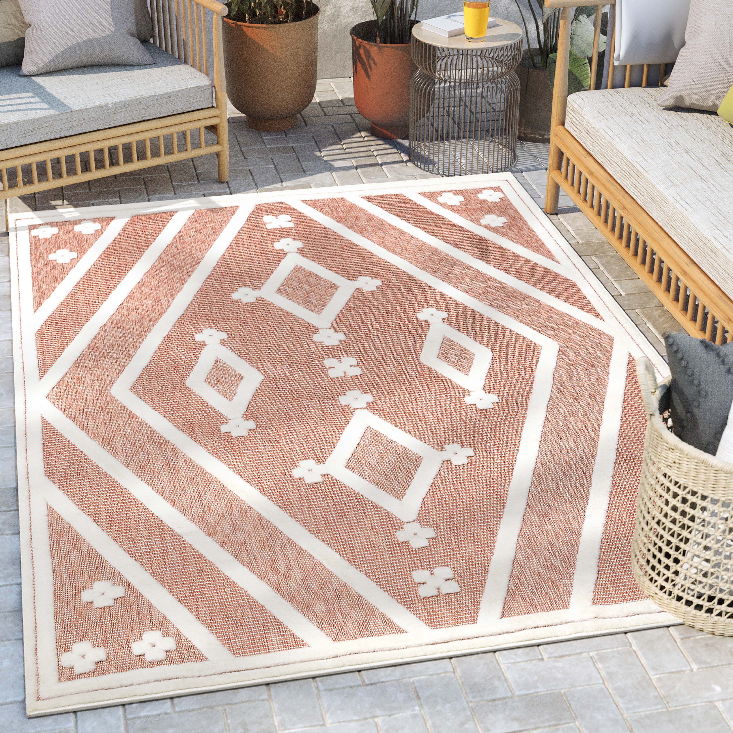 Mali Tribal Diamond Pattern Indoor/Outdoor Terracotta High-Low Rug