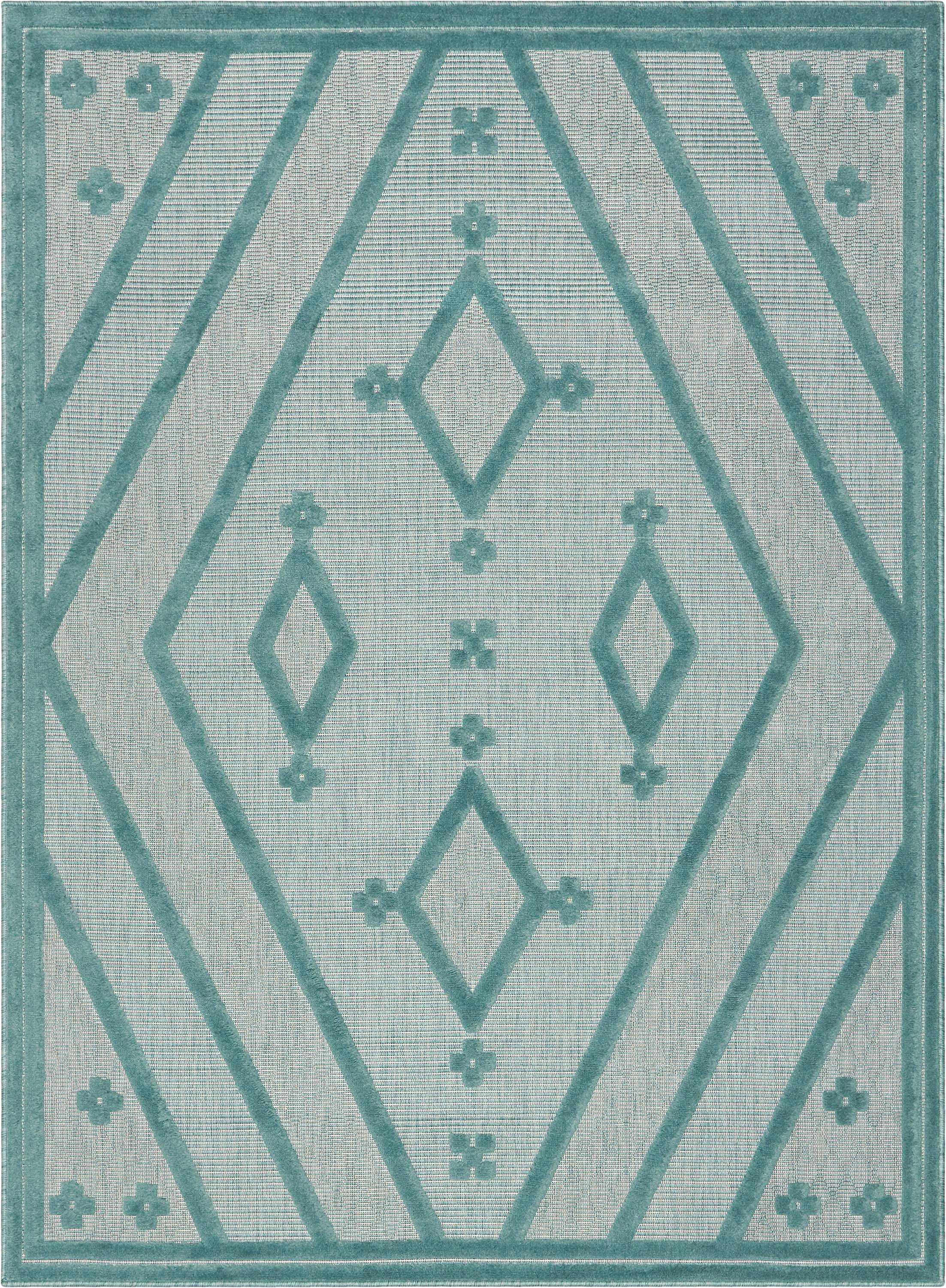 Mali Tribal Diamond Pattern Indoor/Outdoor Teal High-Low Rug