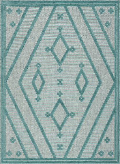 Mali Tribal Diamond Pattern Indoor/Outdoor Teal High-Low Rug