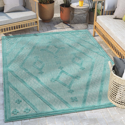 Mali Tribal Diamond Pattern Indoor/Outdoor Teal High-Low Rug