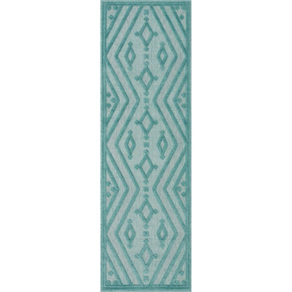 Mali Tribal Diamond Pattern Indoor/Outdoor Teal High-Low Rug