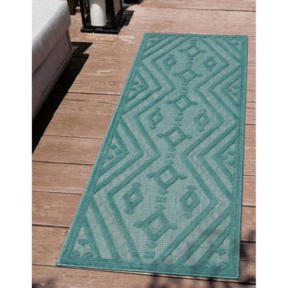 Mali Tribal Diamond Pattern Indoor/Outdoor Teal High-Low Rug