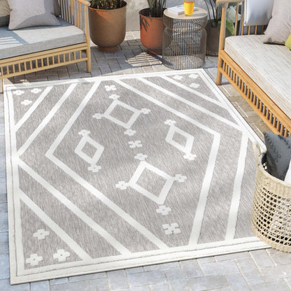 Mali Tribal Diamond Pattern Indoor/Outdoor Grey High-Low Rug