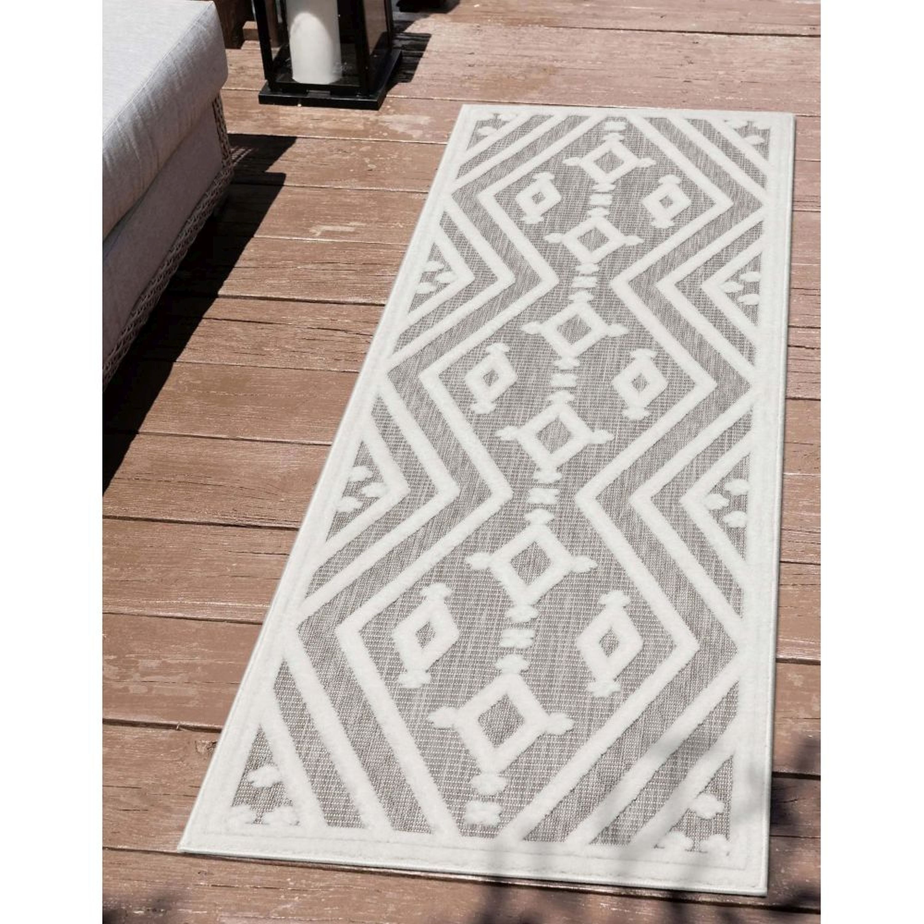 Mali Tribal Diamond Pattern Indoor/Outdoor Grey High-Low Rug