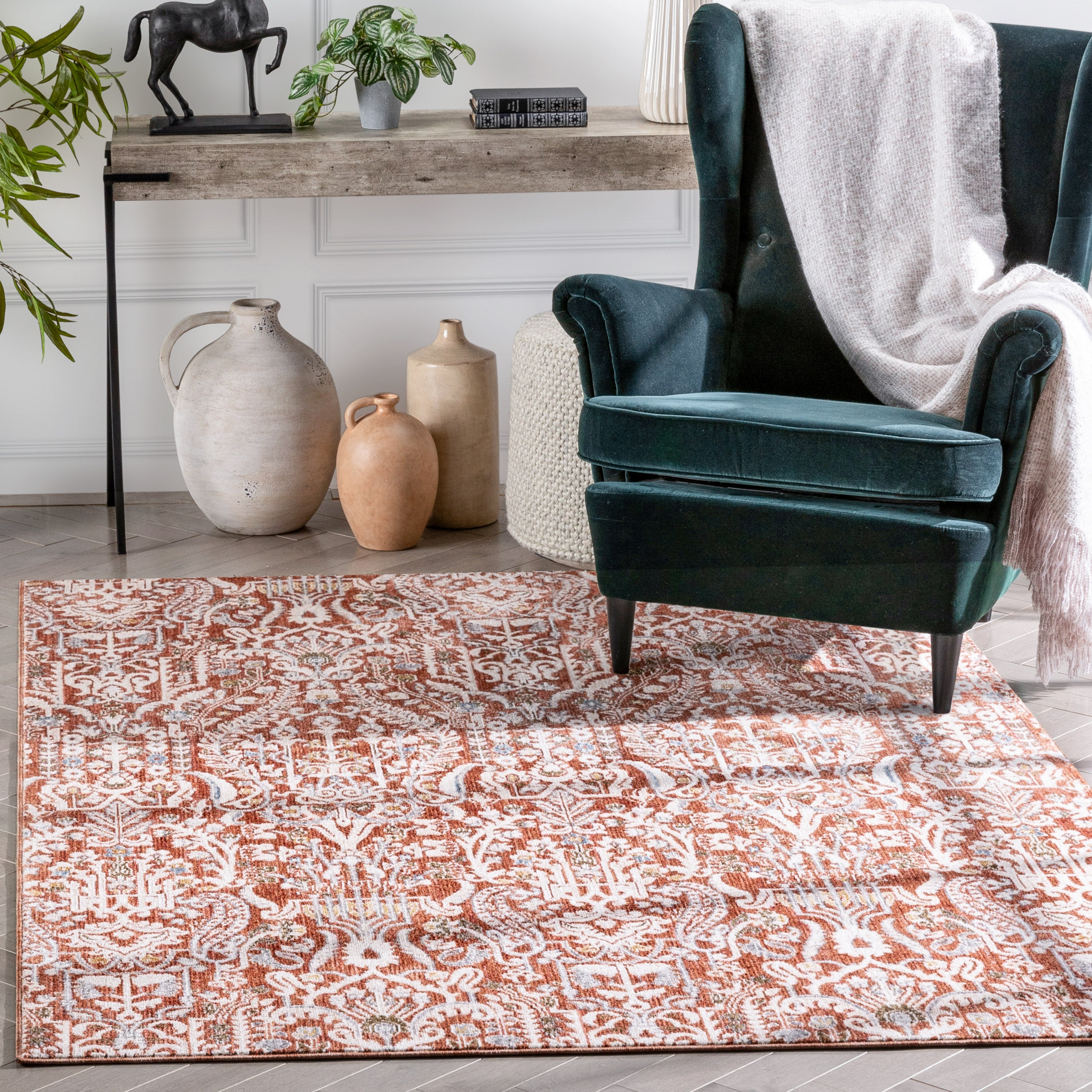 Ahote Vintage Floral Damask Pattern Rust Textured Rug