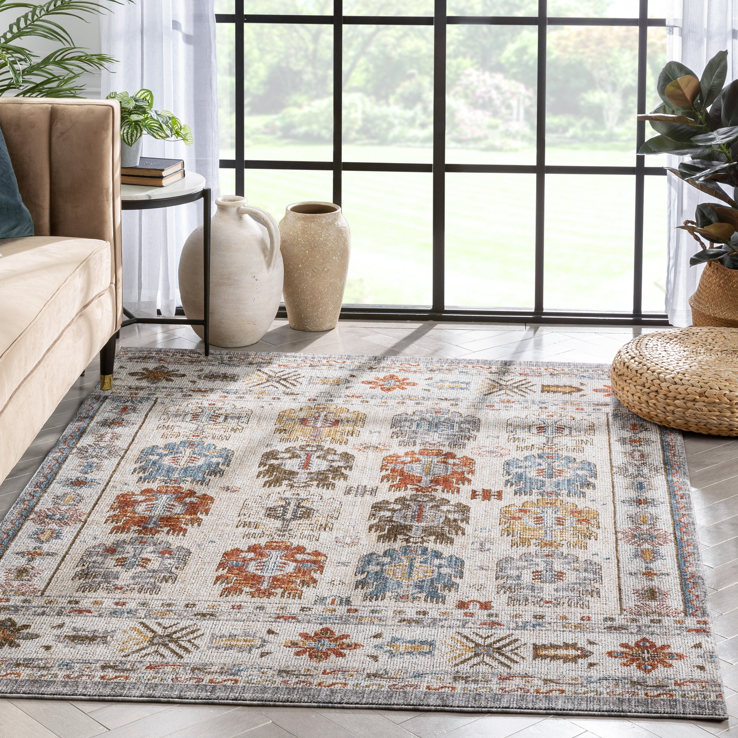 Kestrel Vintage Tribal Floral Pattern Grey Textured Rug