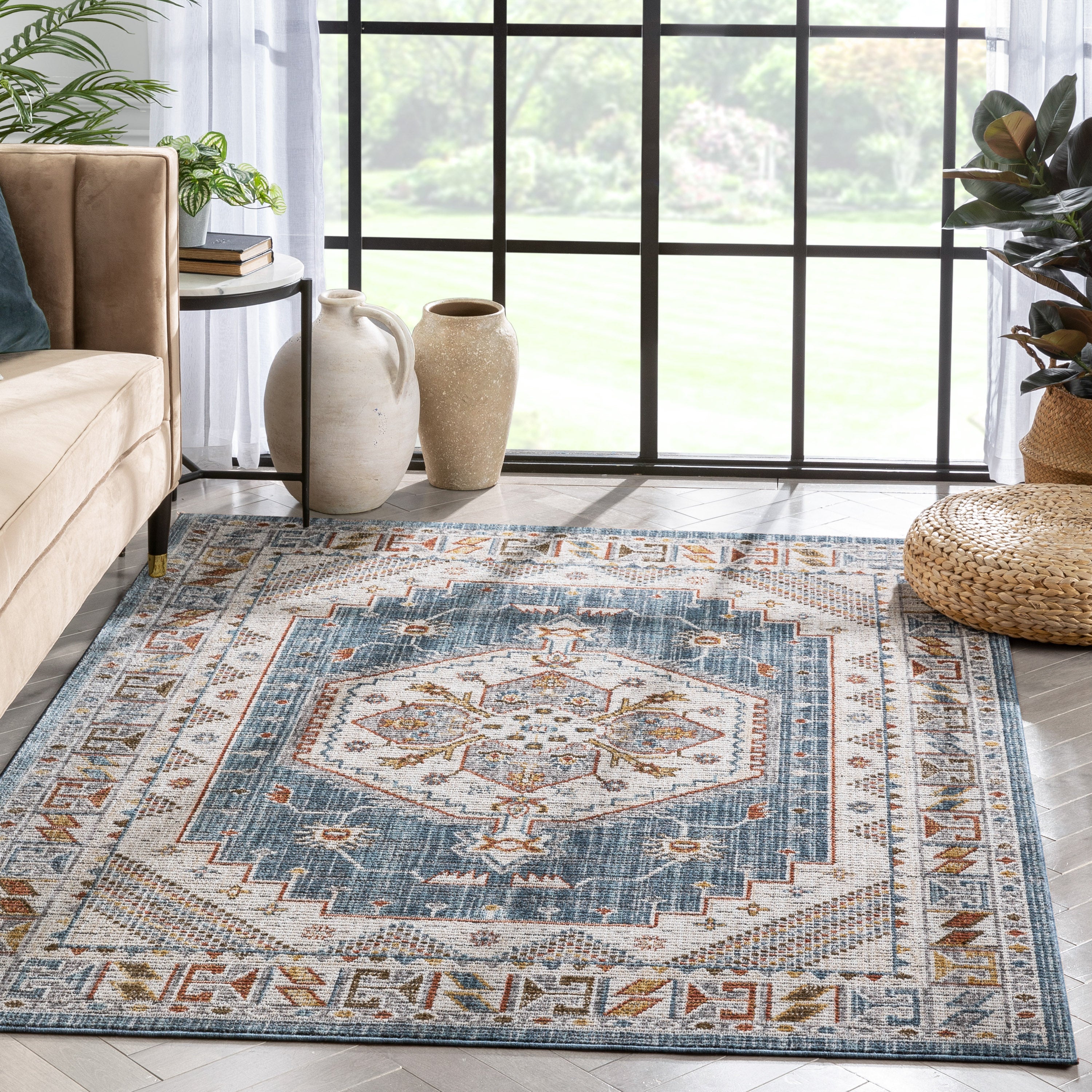 Namib Vintage Medallion Oriental Blue Textured Rug