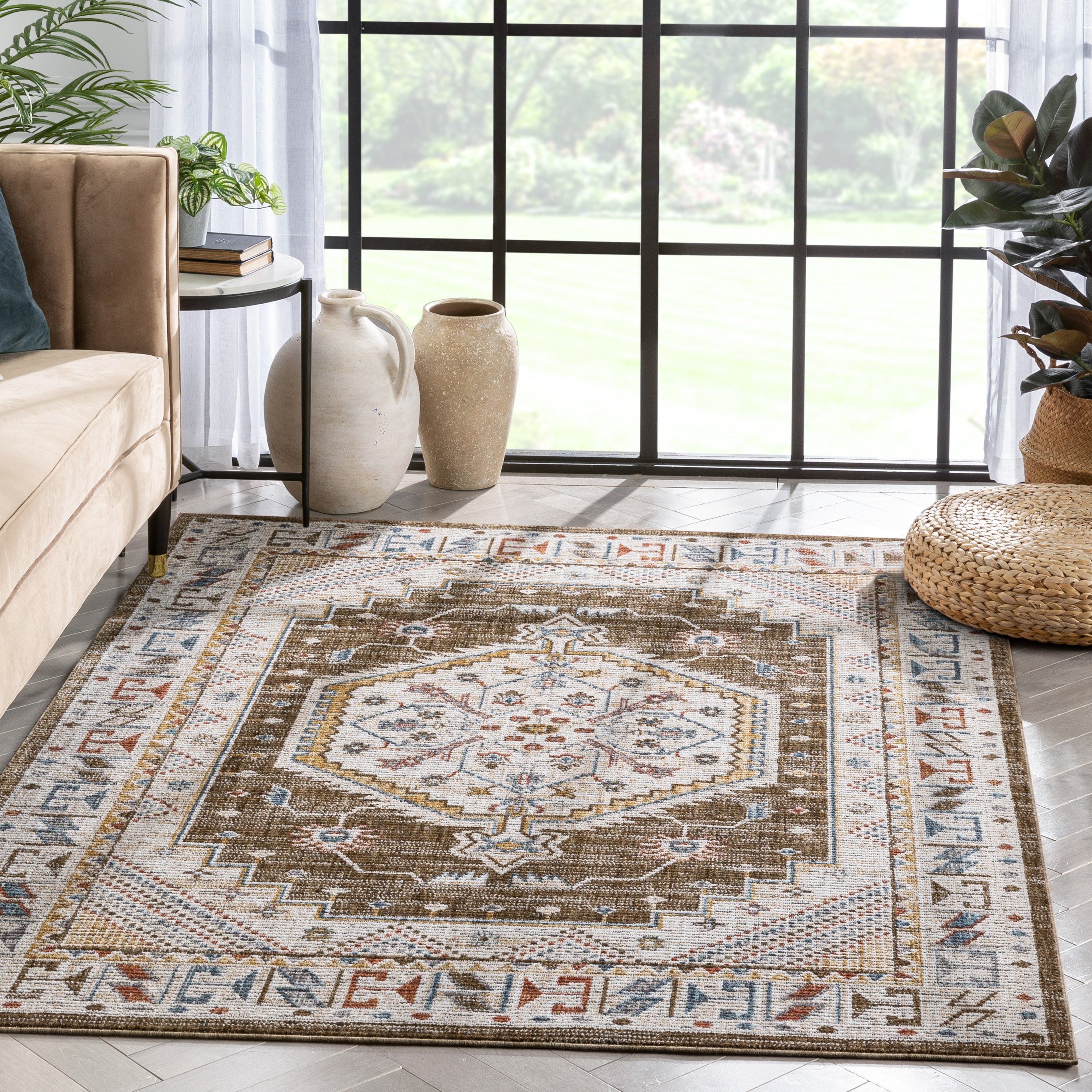 Namib Vintage Medallion Oriental Brown Textured Rug