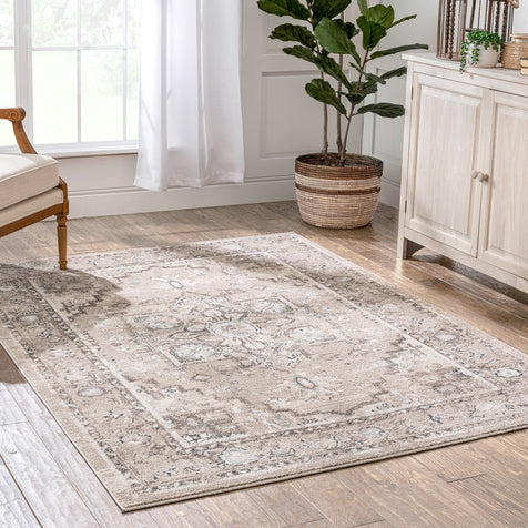 Novara Vintage Oriental Medallion Pattern Beige Rug
