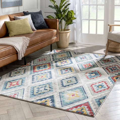 Meridian Southwestern Diamond Pattern Grey Blue Distressed Rug