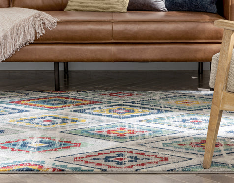Meridian Southwestern Diamond Pattern Grey Blue Distressed Rug