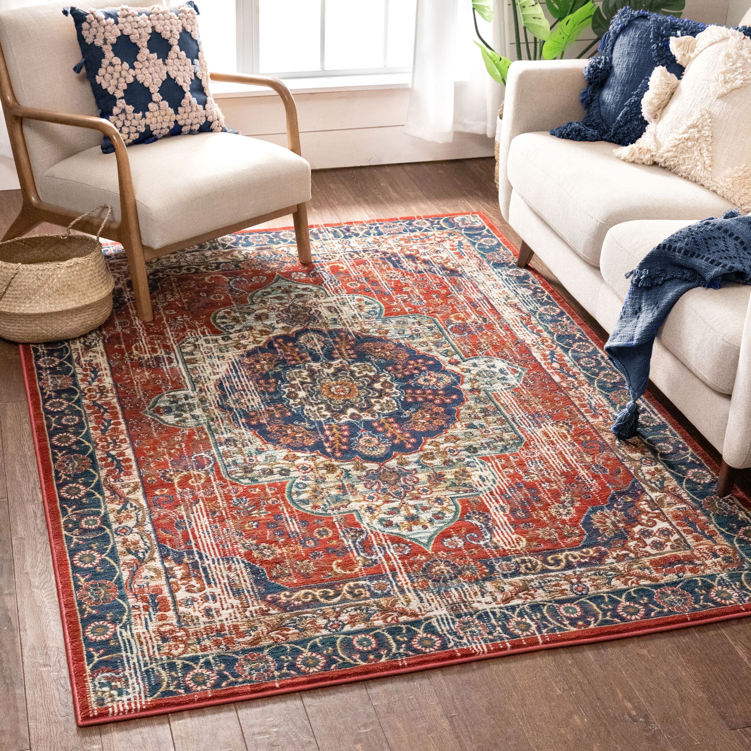 Alisha Crimson Traditional Medallion Distressed Rug