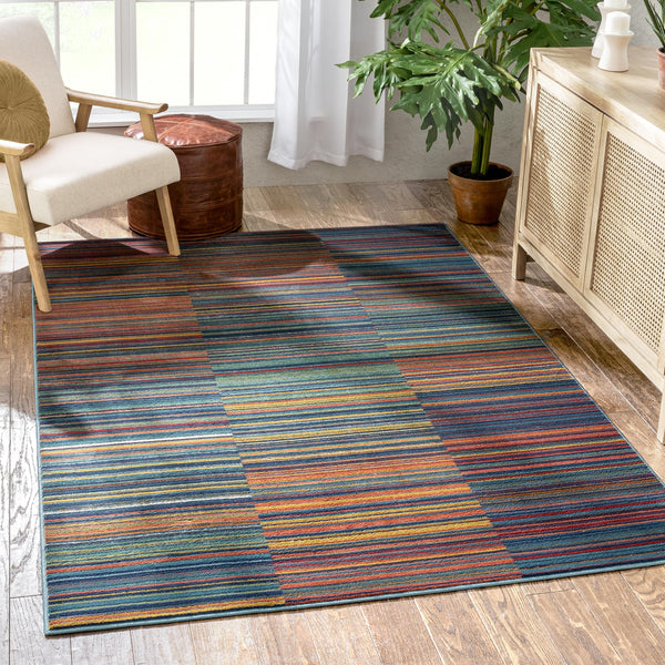 Nampa Tribal Stripes Geometric Pattern Blue Red Distressed Rug