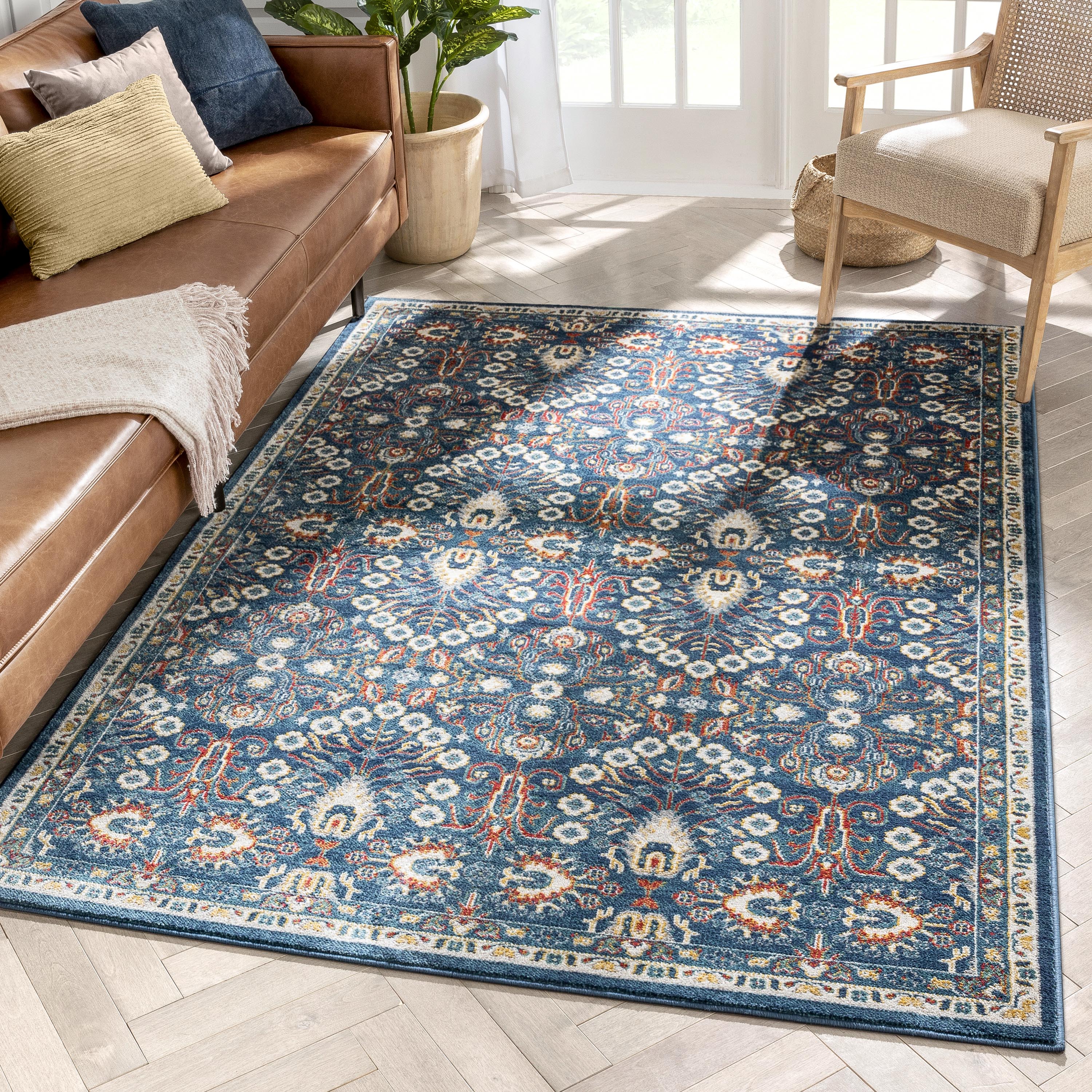 Caldwell Floral Oriental Pattern 5'3" x 7'3" Blue Distressed Rug