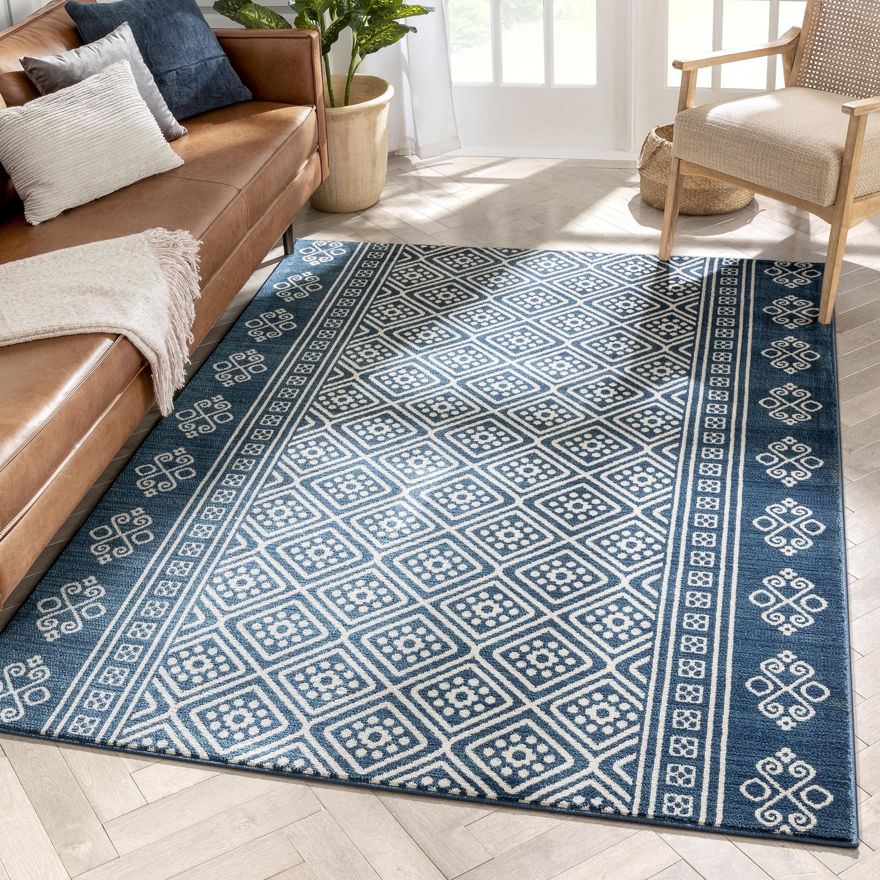 Aberdeen Tribal Diamond Pattern Blue Distressed Rug