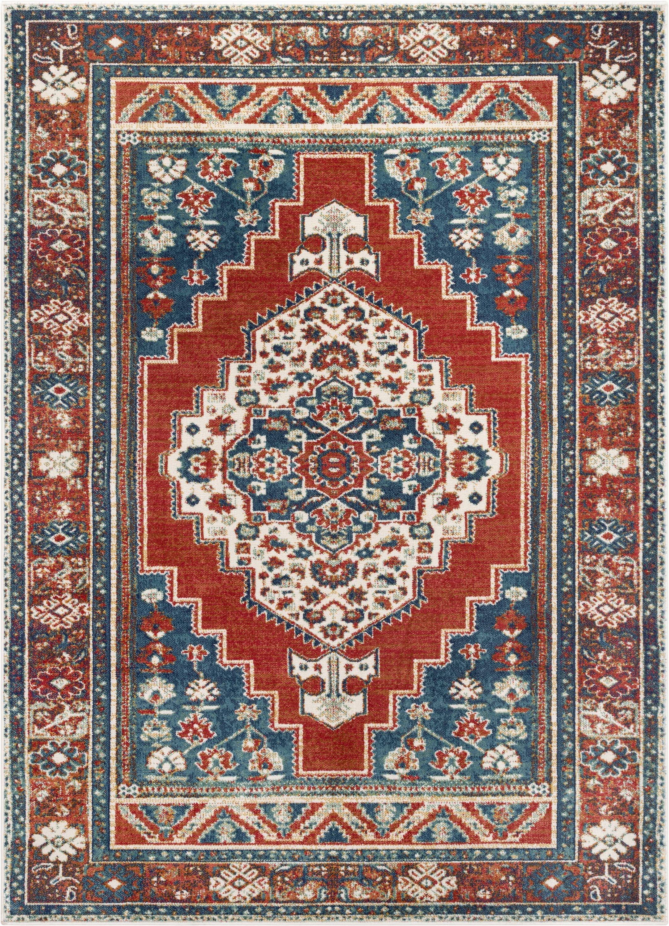 Ucon Southwestern Medallion Pattern Blue Red Distressed Rug