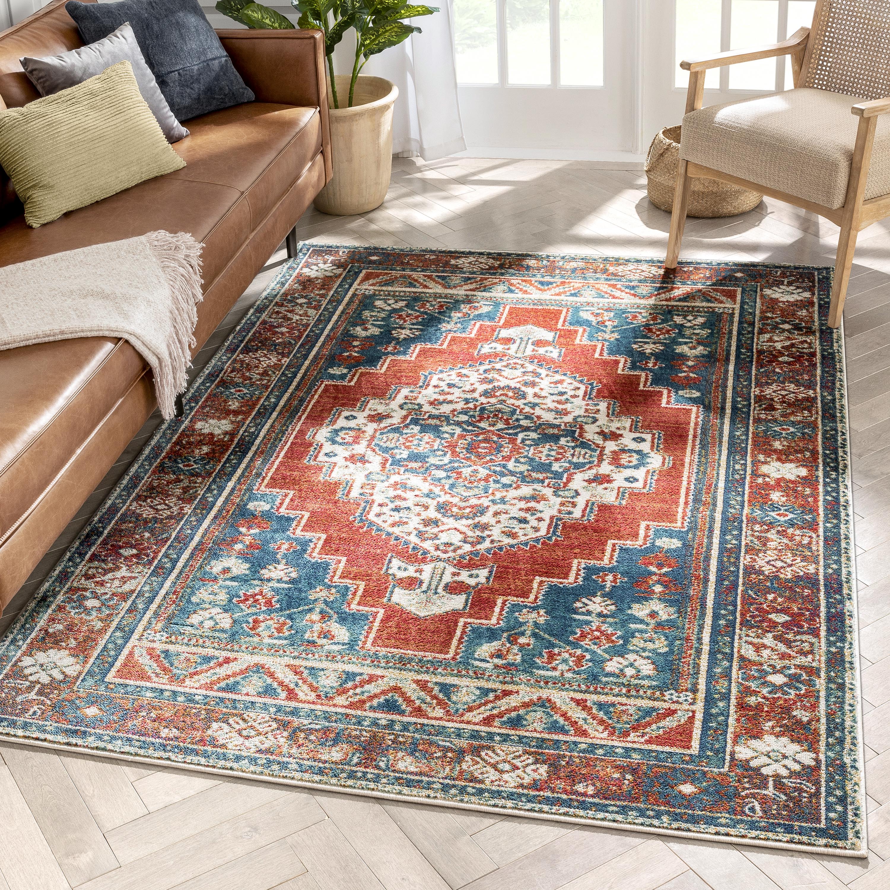 Ucon Southwestern Medallion Pattern Blue Red Distressed Rug