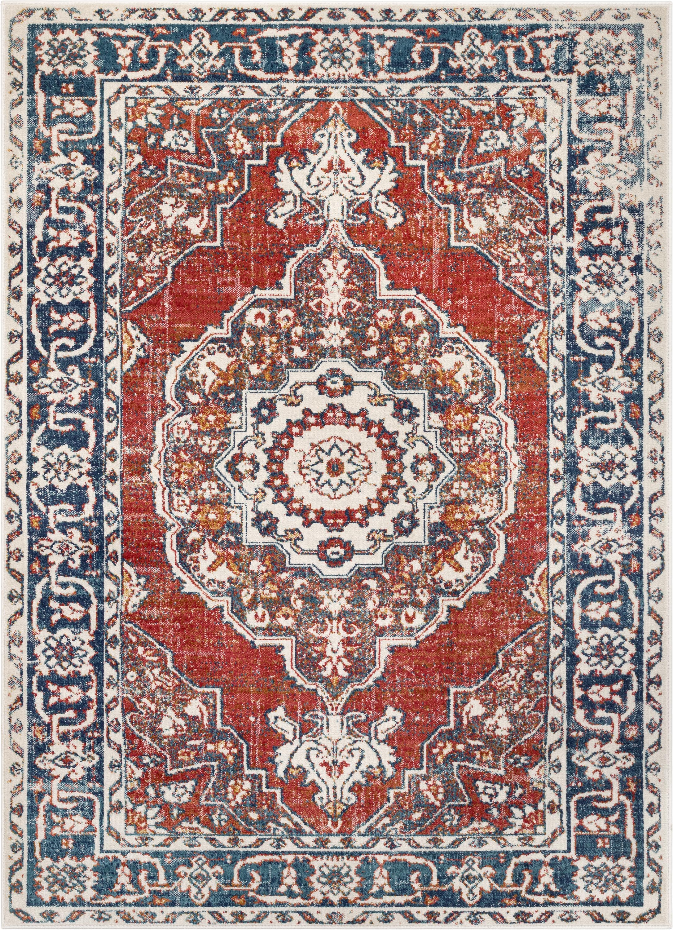 Arco Oriental Medallion Pattern Red Blue Distressed Rug