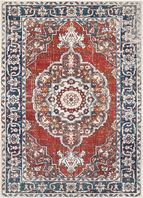 Arco Oriental Medallion Pattern Red Blue Distressed Rug