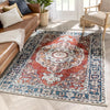 Arco Oriental Medallion Pattern Red Blue Distressed Rug