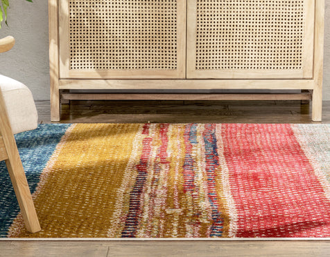 Teton Tribal Stripes Red Yellow Distressed Rug