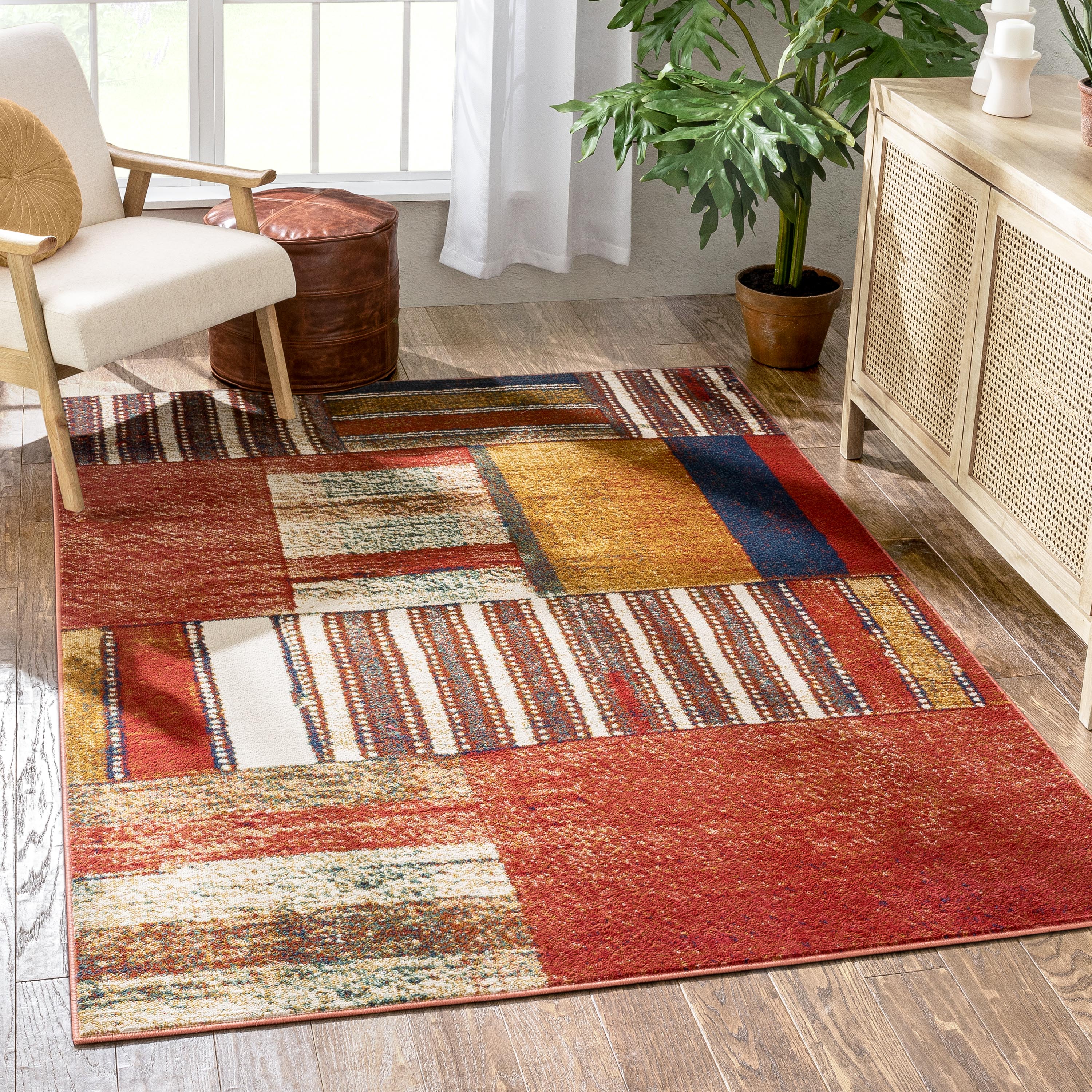 Hauser Tribal Patchwork Red Ivory Distressed Rug